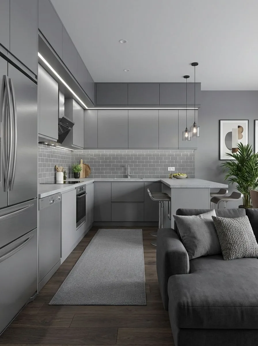 Modern grey kitchen with flat front cabinets, grey subway tile, stainless steel appliances, dark wood floors, glass pendants, photorealistic interior design photography, 8k