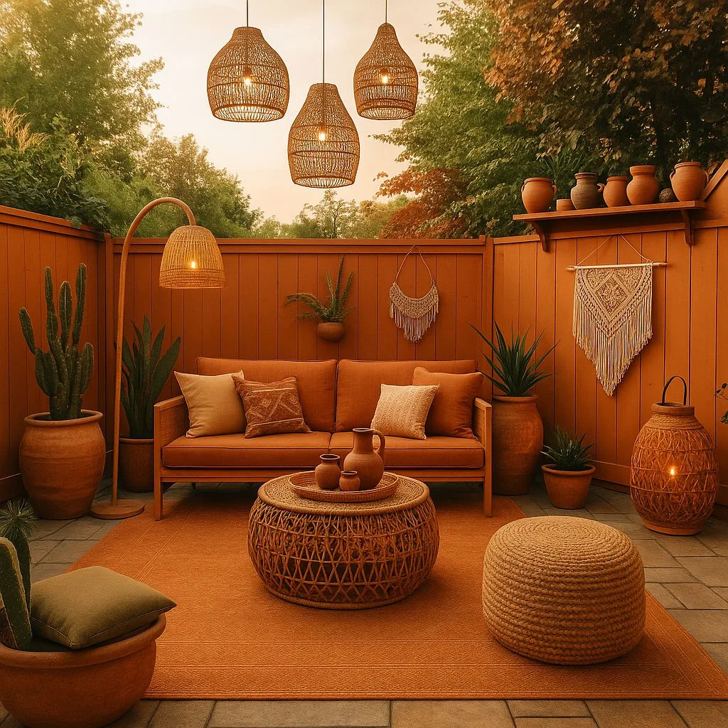 Bohemian terracotta patio with rattan sofa, woven coffee table, terracotta pots, macrame wall hanging, woven pendants, photorealistic interior design photography, 8k