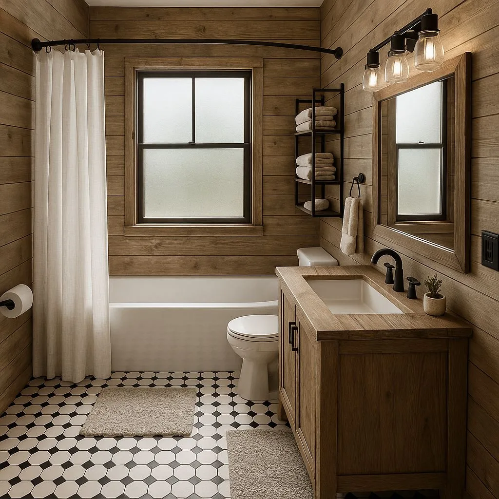 Rustic farmhouse bathroom with wood plank walls, black and white tile, natural wood vanity, black metal fixtures, linen shower curtain, photorealistic interior design photography, 8k