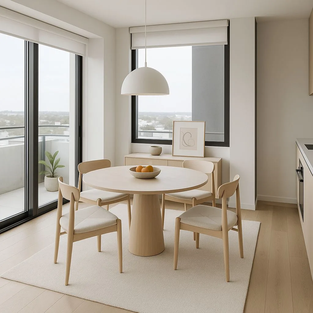 Minimalist dining room with light wood round table, upholstered chairs, white dome pendant, beige rug, light wood floors, photorealistic interior design photography, 8k