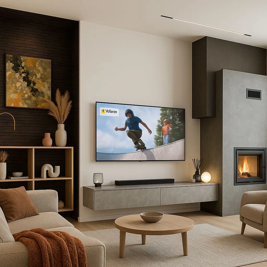Modern warm grey living room with beige sectional sofa, round wood coffee table, linear lighting, grey media console, stone fireplace, photorealistic interior design photography, 8k