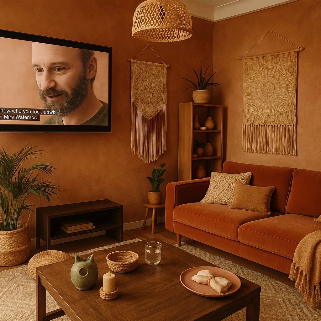 Bohemian terracotta living room with rust velvet sofa, woven wall hangings, dark wood coffee table, rattan pendant, indoor plants, photorealistic interior design photography, 8k