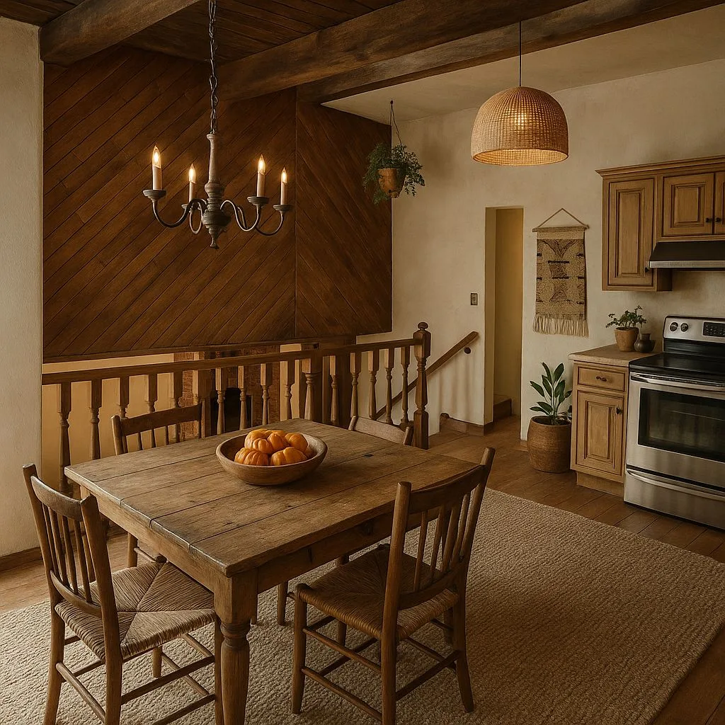 Rustic farmhouse kitchen with wood cabinets, exposed beams, woven chairs, wrought iron chandelier, jute rug, photorealistic interior design photography, 8k