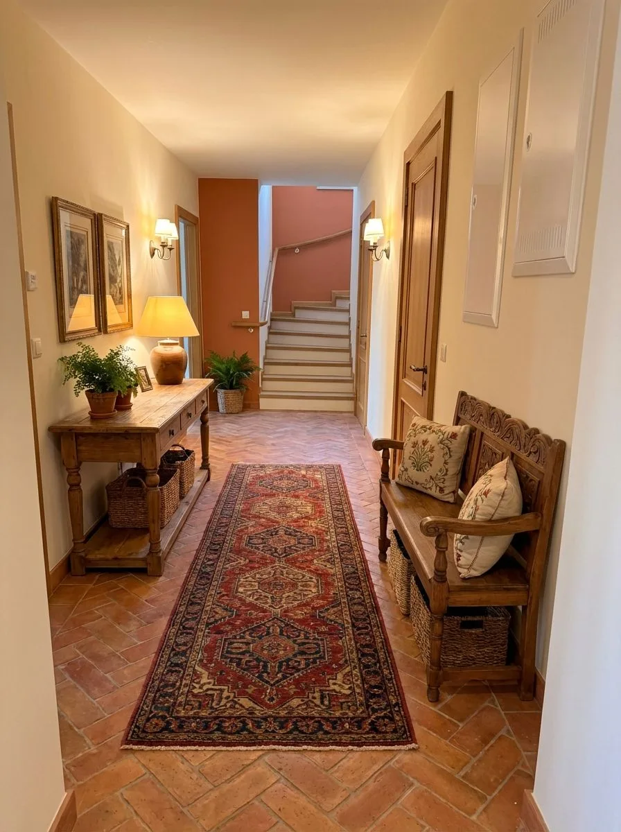 Tuscan hallway with terracotta tile, antique wood bench, persian rug, cream walls, sconce lighting, photorealistic interior design photography, 8k