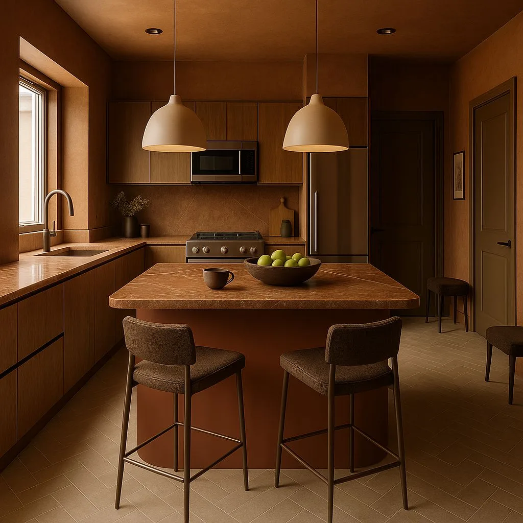 Modern terracotta kitchen with wood cabinets, marble countertops, herringbone tile floors, dome pendant lights, brown upholstered barstools, photorealistic interior design photography, 8k