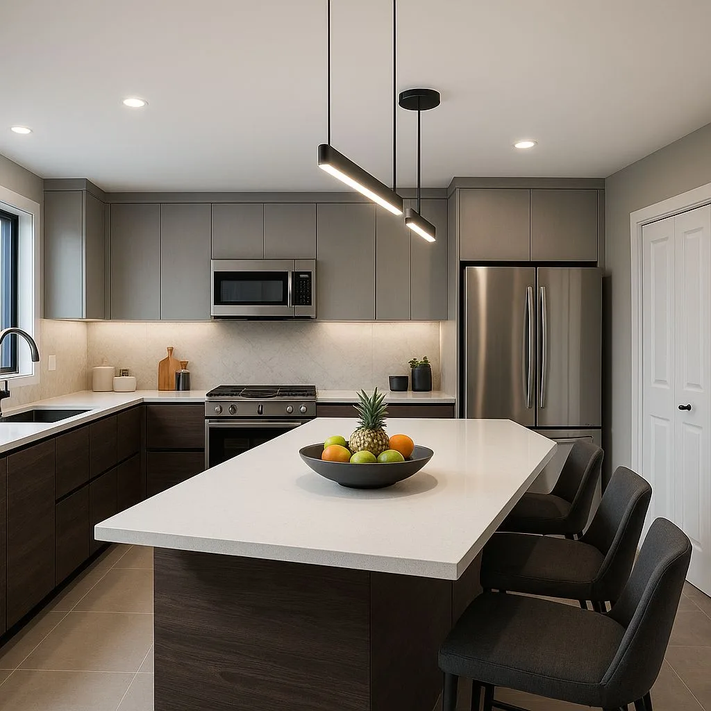 Modern kitchen with warm gray cabinets, white quartz countertops, dark wood island, stainless steel appliances, linear pendant lighting, photorealistic interior design photography, 8k