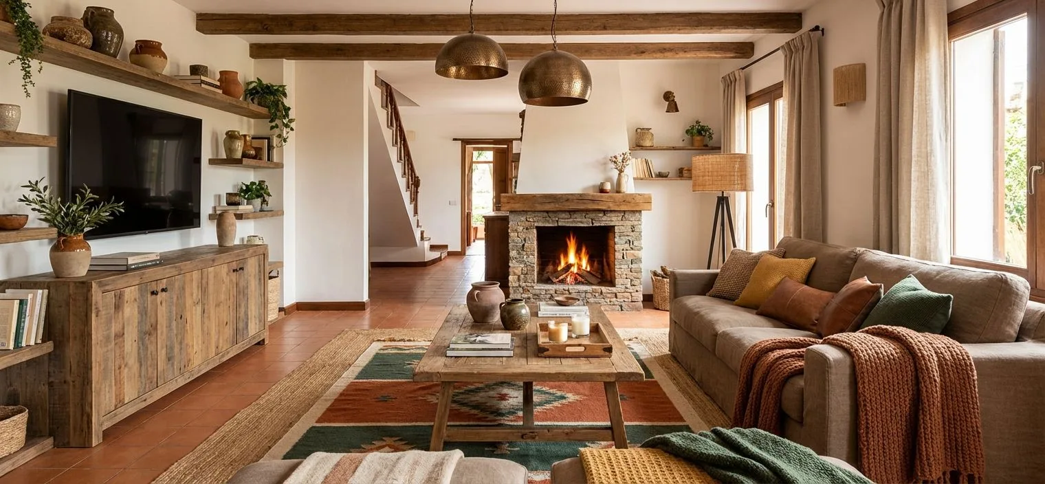 Rustic living room with stone fireplace, wood beam ceiling, terracotta tile floors, linen sofa, brass pendant lights, photorealistic interior design photography, 8k