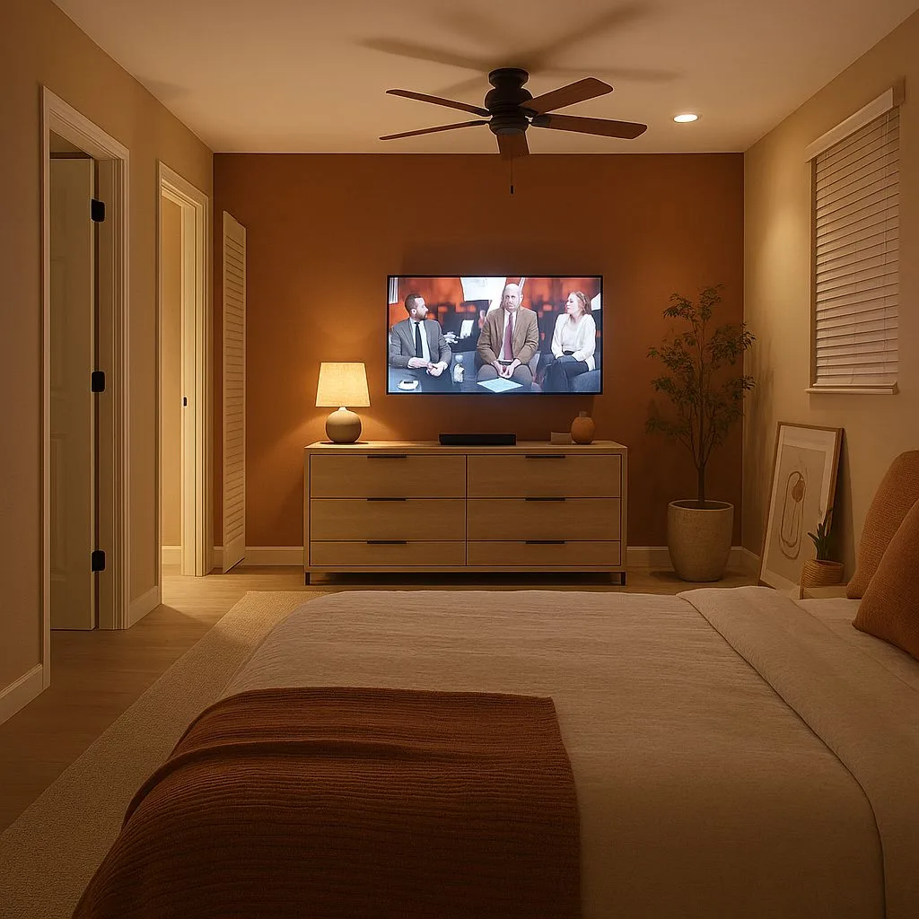 Warm contemporary bedroom with light wood dresser, terracotta wall, linen bedding, black ceiling fan, table lamp, photorealistic interior design photography, 8k