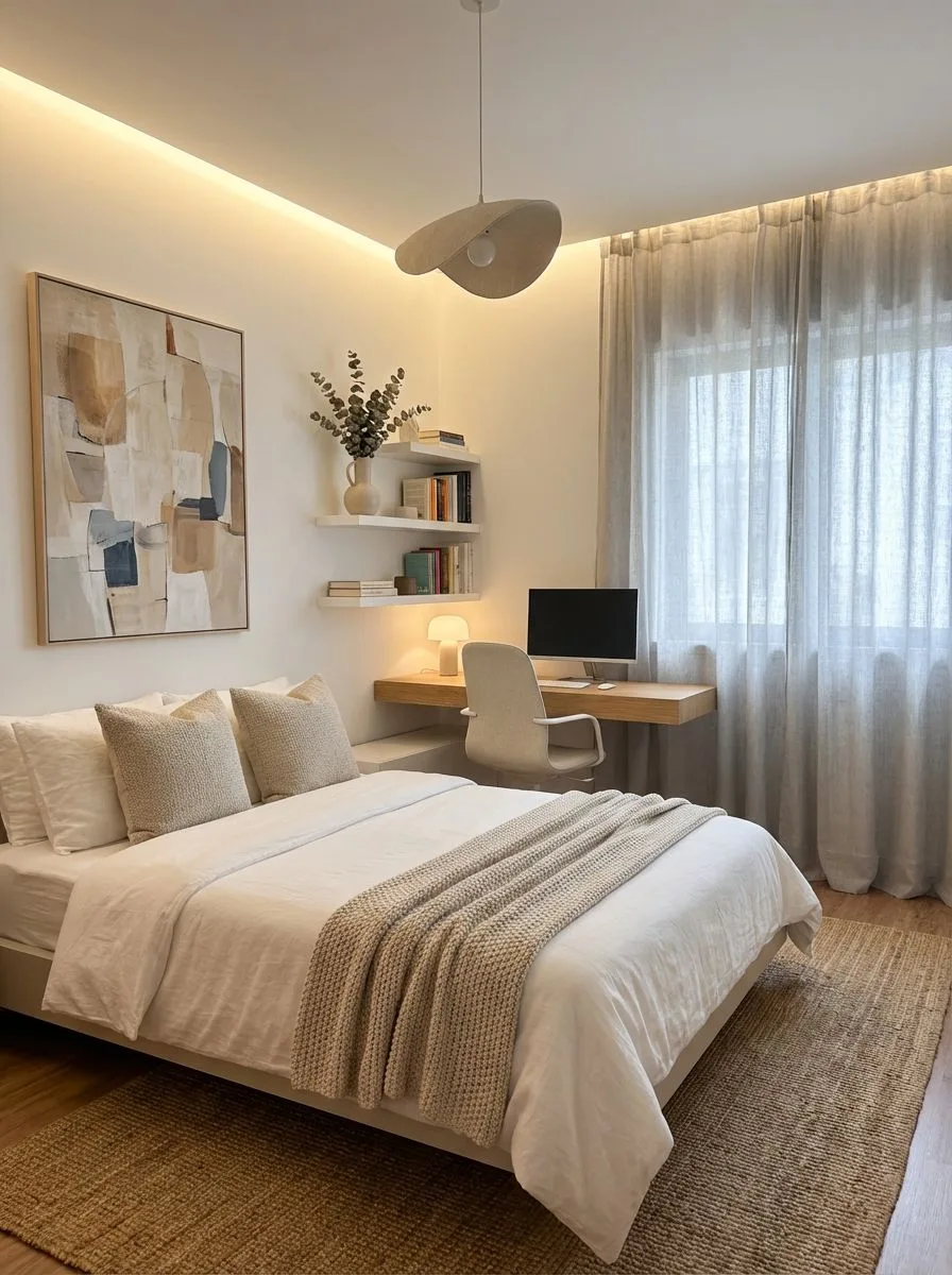Minimalist bedroom with white linen bedding, jute rug, floating oak desk, sheer linen curtains, abstract canvas art, photorealistic interior design photography, 8k