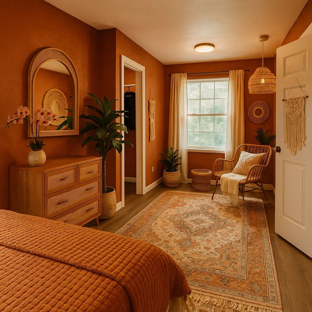 Bohemian bedroom with terracotta walls, rattan dresser, woven pendant light, patterned rug, macrame wall decor, photorealistic interior design photography, 8k