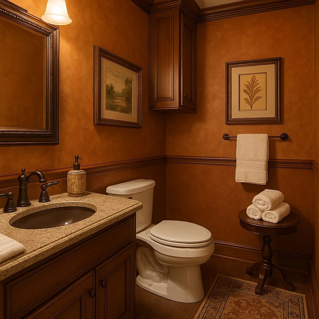 Traditional powder room with burnt orange textured walls, dark wood trim, granite countertop, bronze fixtures, framed artwork, photorealistic interior design photography, 8k