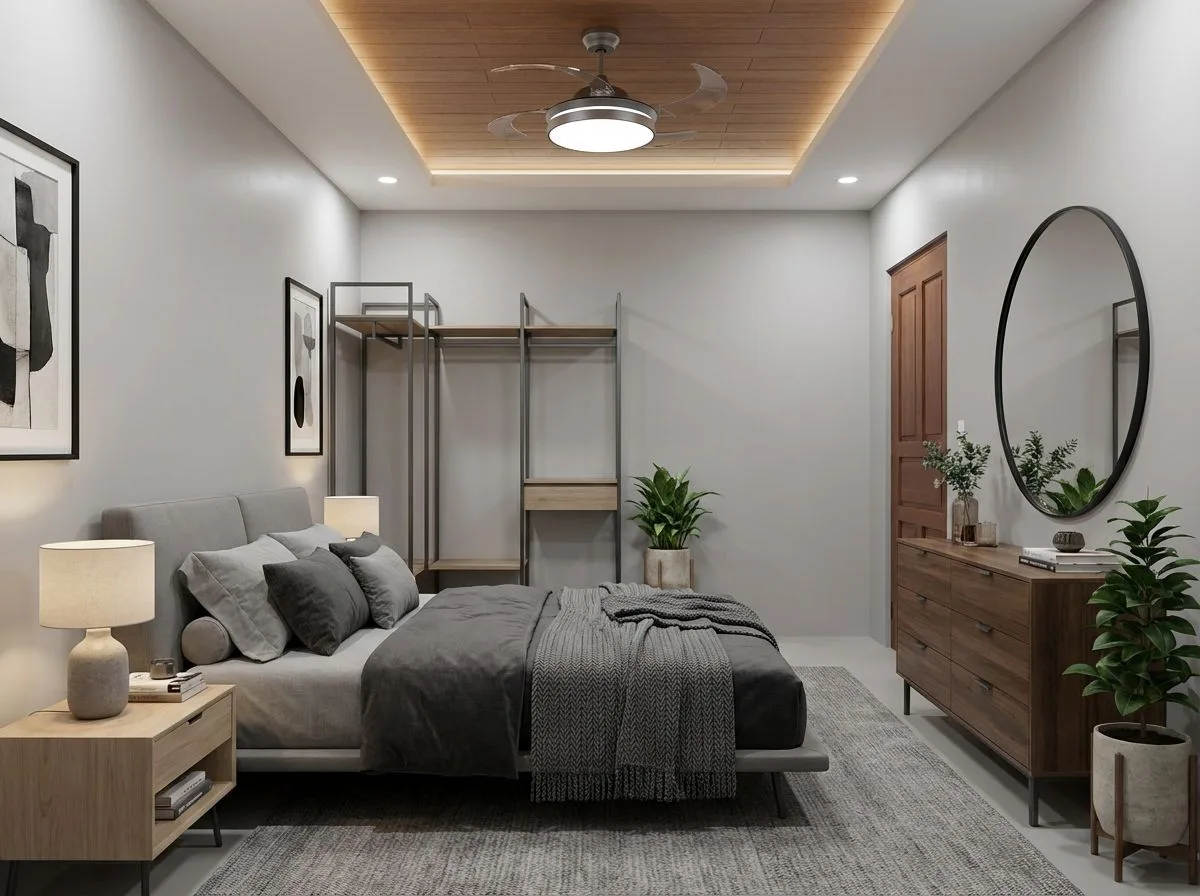 Modern minimalist bedroom with grey platform bed, linen bedding, wood ceiling detail, open wardrobe, wood dresser, round mirror, potted plants, photorealistic interior design photography, 8k