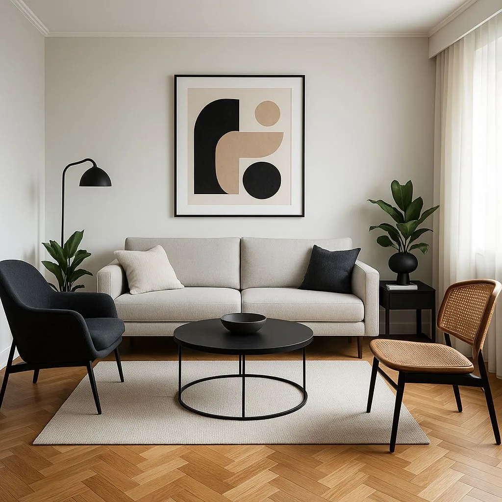 Modern neutral living room with light gray sofa, black accent chairs, round coffee table, geometric art print, herringbone wood floors, photorealistic interior design photography, 8k