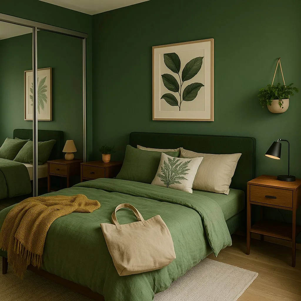 Contemporary bedroom with forest green walls, linen bedding, wood nightstands, botanical prints, mirrored closet, photorealistic interior design photography, 8k