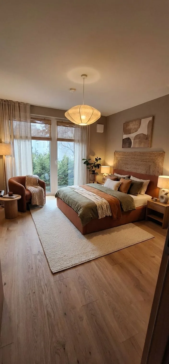 Bohemian bedroom with light wood floors, terracotta bed frame, sage green bedding, woven jute pendant light, linen curtains, photorealistic interior design photography, 8k