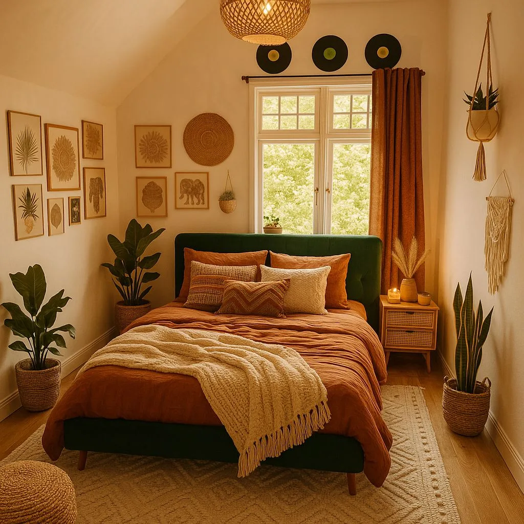 Bohemian bedroom with green velvet bed, terracotta linen bedding, woven rug, botanical print gallery wall, rattan pendant, potted plants, photorealistic interior design photography, 8k