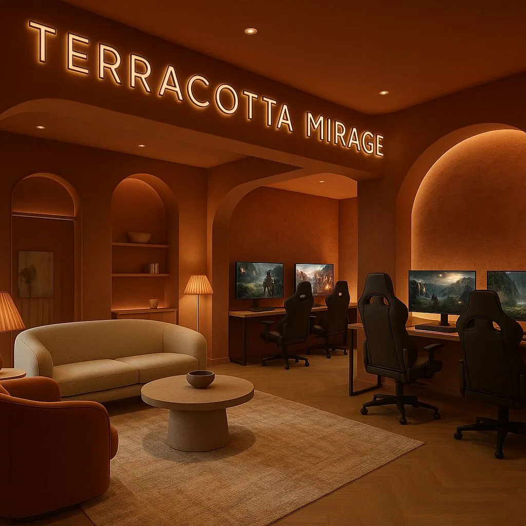 Modern terracotta gaming room with multiple computer setups, arched doorways, cream curved sofa, neutral rug, pleated lamps, photorealistic interior design photography, 8k