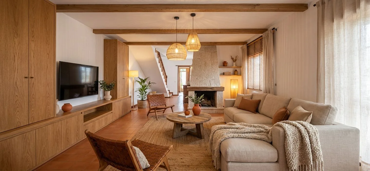 Rustic farmhouse living room with exposed wood beams, stone fireplace, light linen sofa, woven pendant lights, jute rug, photorealistic interior design photography, 8k