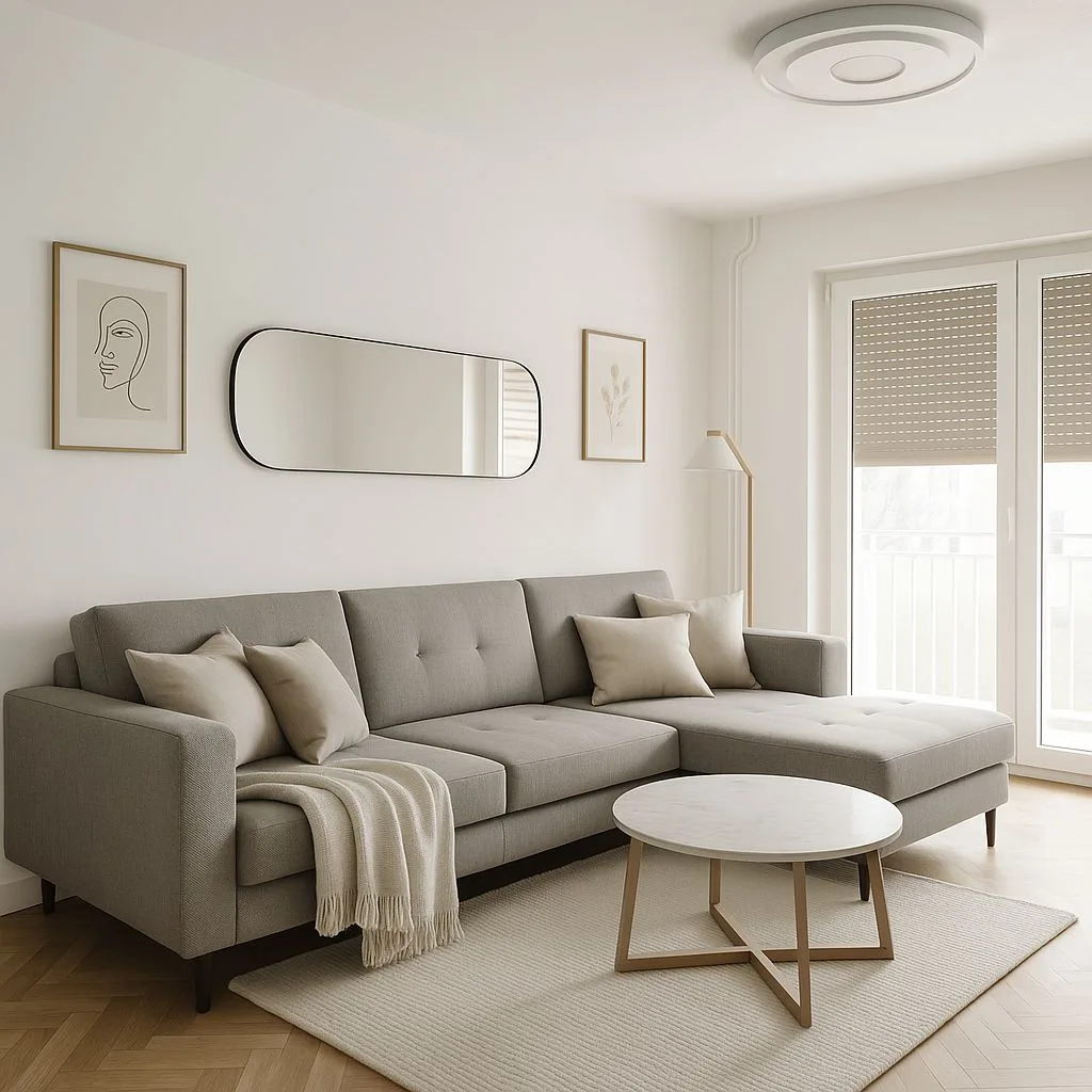 Minimalist living room with grey sectional, neutral linen pillows, white marble coffee table, light wood floors, framed art, photorealistic interior design photography, 8k
