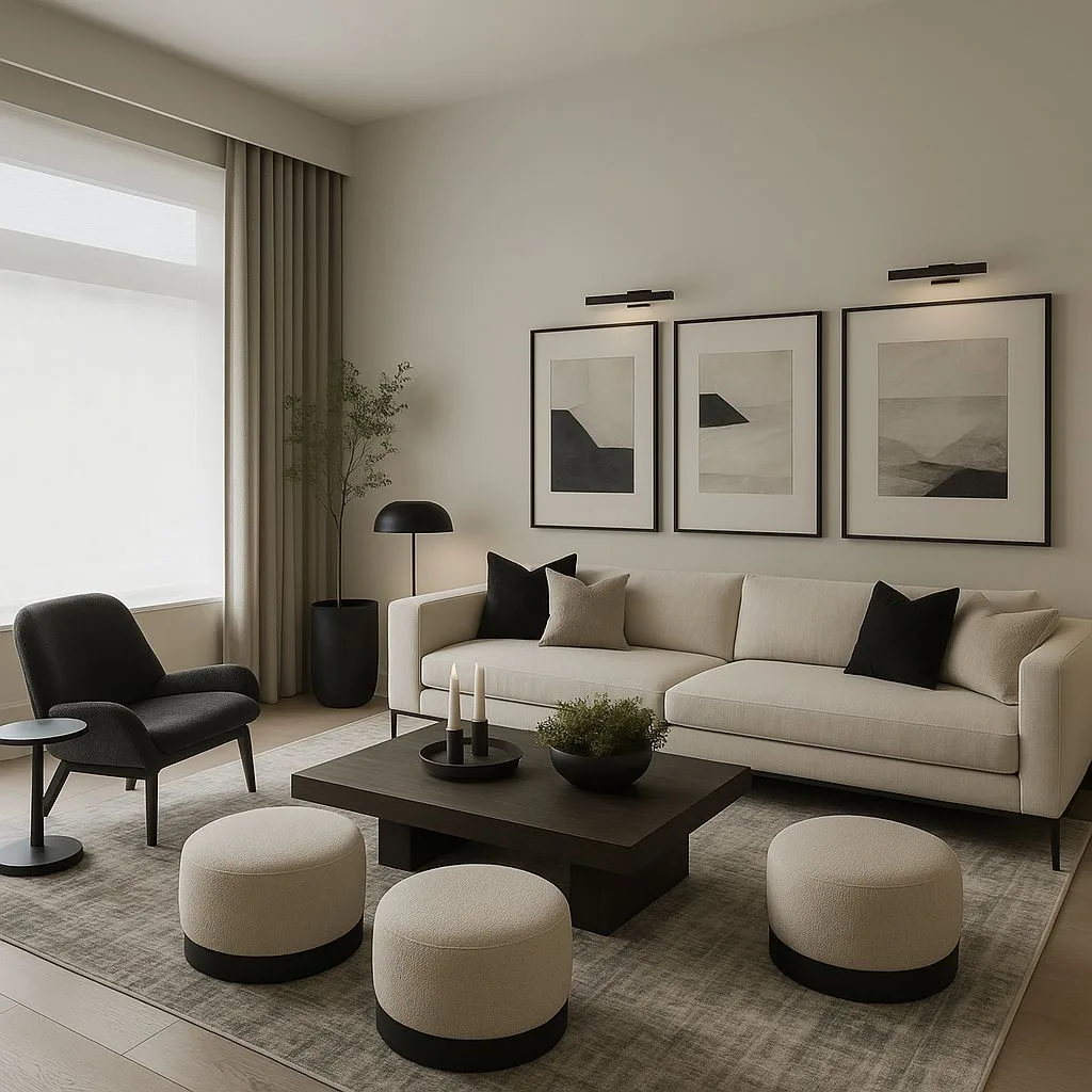 Modern neutral living room with cream sofa, dark wood coffee table, round bouclé ottomans, black sconces, abstract art prints, photorealistic interior design photography, 8k