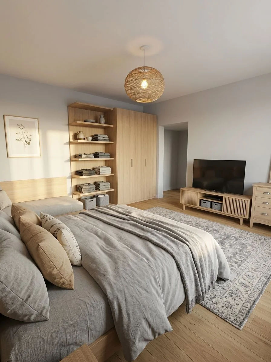 Scandinavian light grey bedroom with built-in oak shelving, platform bed with linen bedding, woven rug, natural wood TV console, rattan pendant, photorealistic interior design photography, 8k