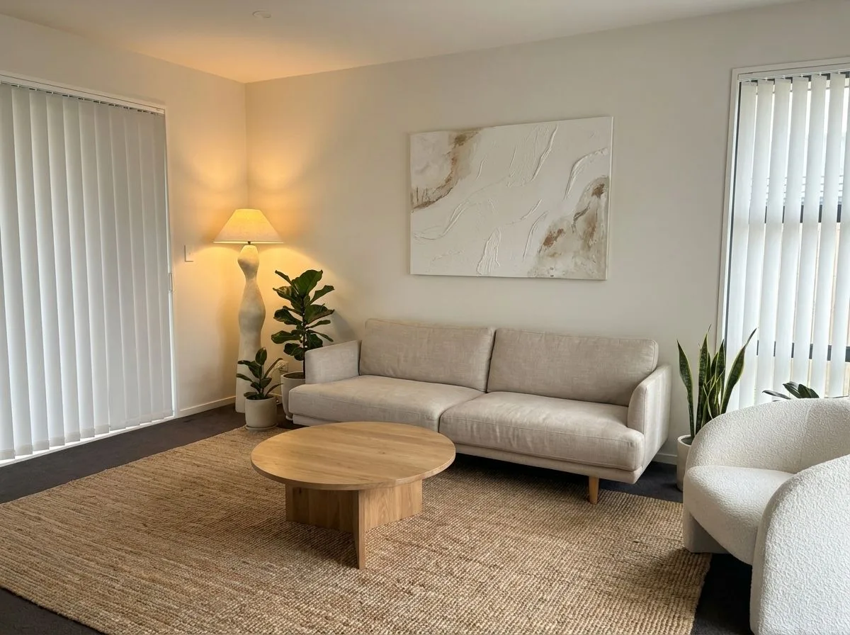 Neutral Scandinavian living room with beige linen sofa, round wood coffee table, jute rug, floor lamp, potted plants, photorealistic interior design photography, 8k