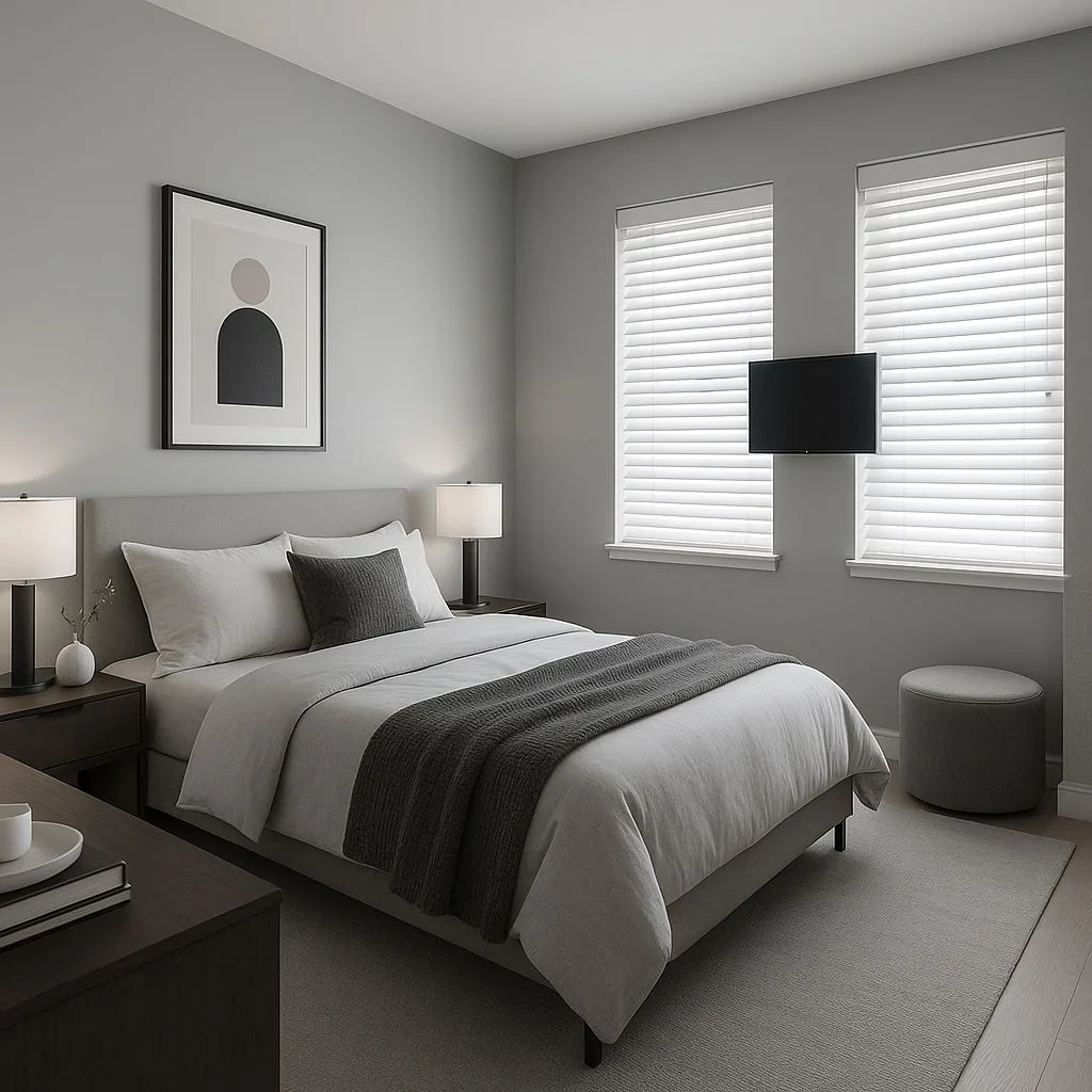 Modern minimalist bedroom with grey walls, platform bed, white linen bedding, dark wood nightstands, black table lamps, photorealistic interior design photography, 8k