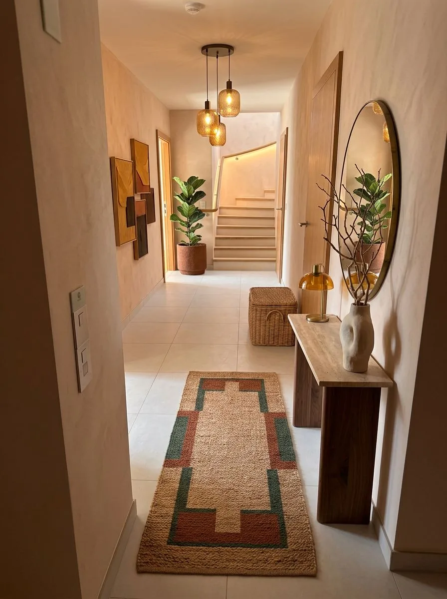 Transitional hallway with peach plaster walls, travertine console table, woven runner rug, amber glass pendants, round brass mirror, photorealistic interior design photography, 8k