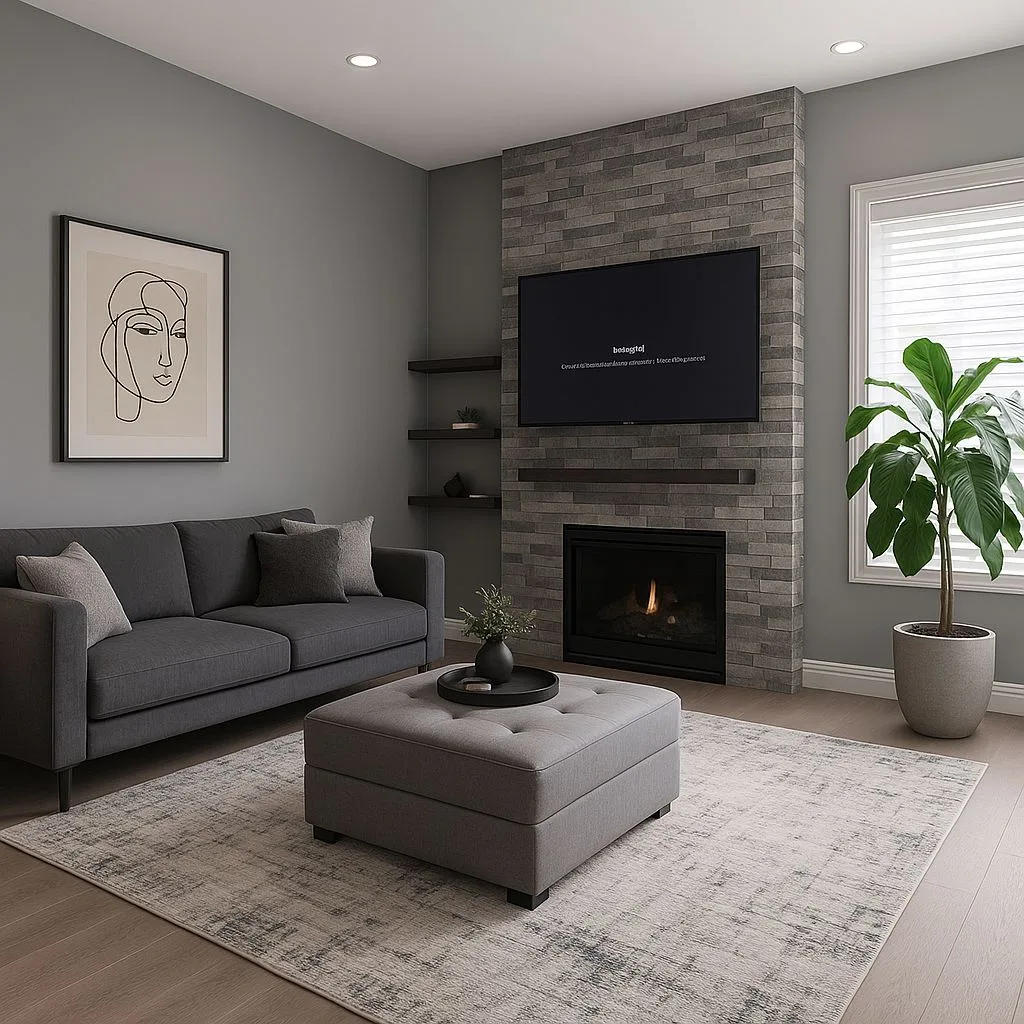 Contemporary warm gray living room with gray brick fireplace, dark wood shelves, gray sofa, tufted ottoman, light wood floors, photorealistic interior design photography, 8k
