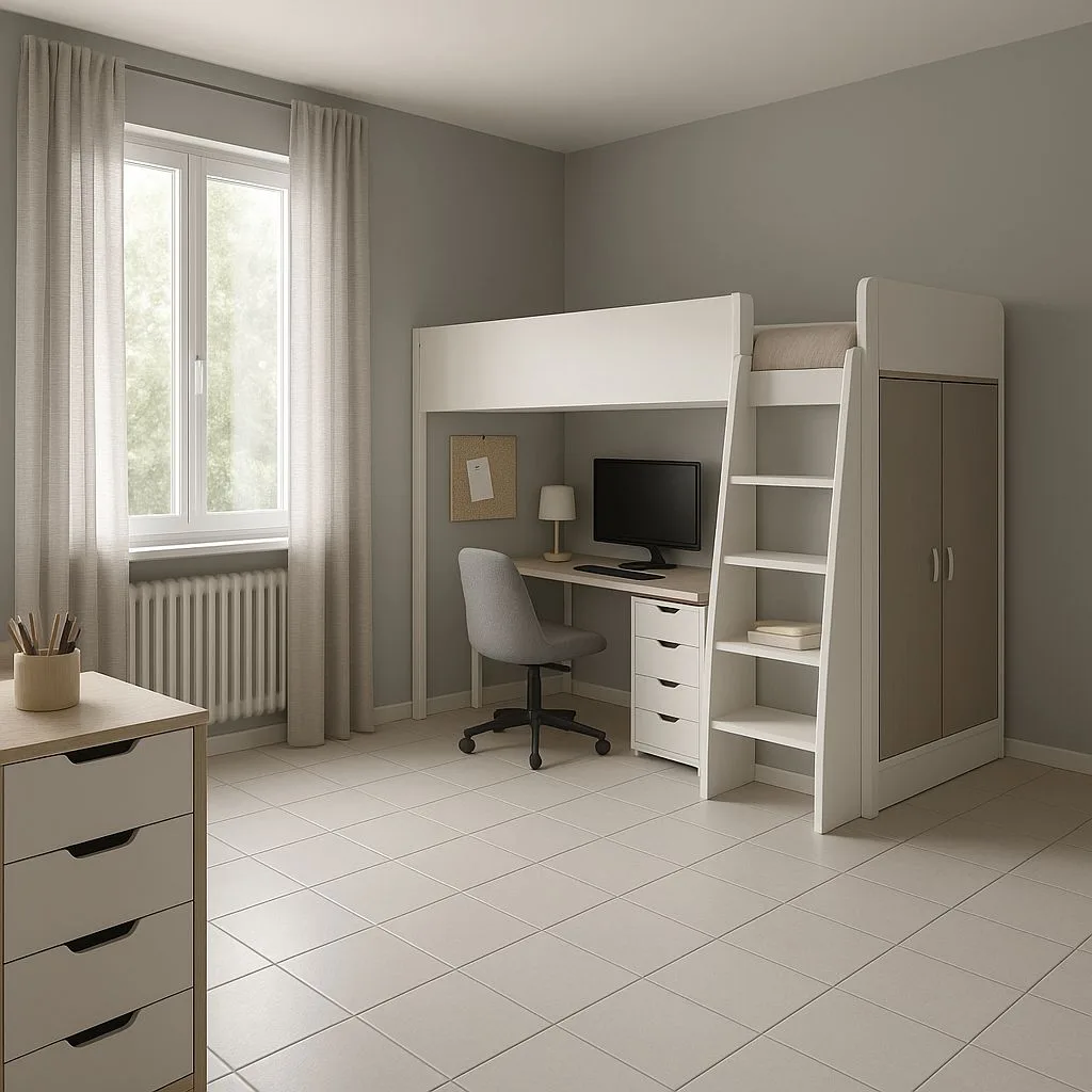 Modern minimalist kids bedroom with white loft bed, built-in desk, grey walls, light wood accents, neutral curtains, tile floor, photorealistic interior design photography, 8k