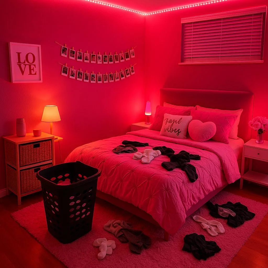 Eclectic teen bedroom with hot pink walls, LED strip lighting, pink bedding, shag rug, wicker baskets, photorealistic interior design photography, 8k