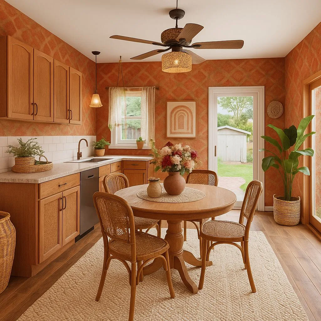 Bohemian kitchen dining area with terracotta walls, oak cabinets, rattan dining chairs, round wood table, woven pendant light, photorealistic interior design photography, 8k