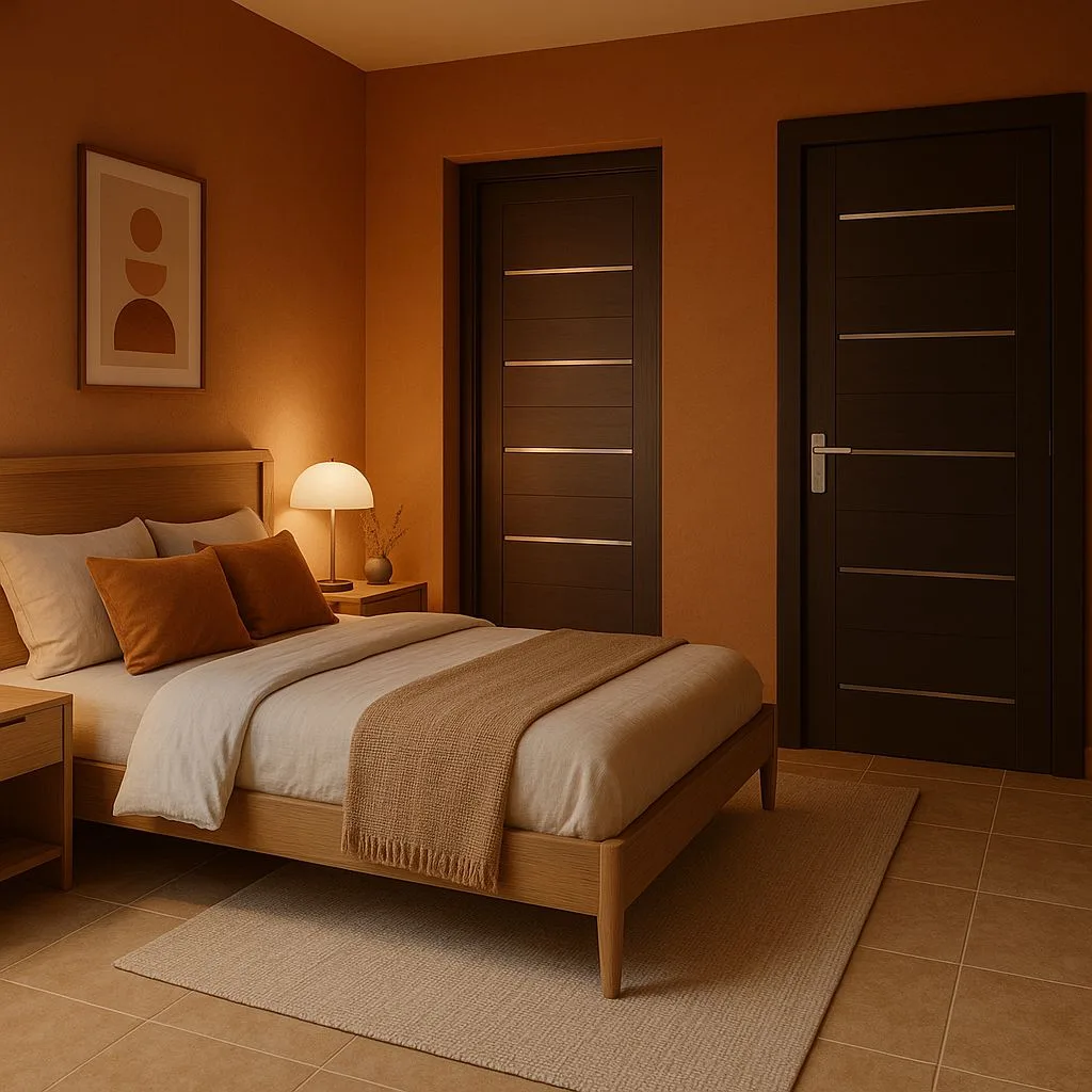 Minimalist bedroom with terracotta walls, light wood bed frame, linen duvet, woven throw, dark wood doors, photorealistic interior design photography, 8k