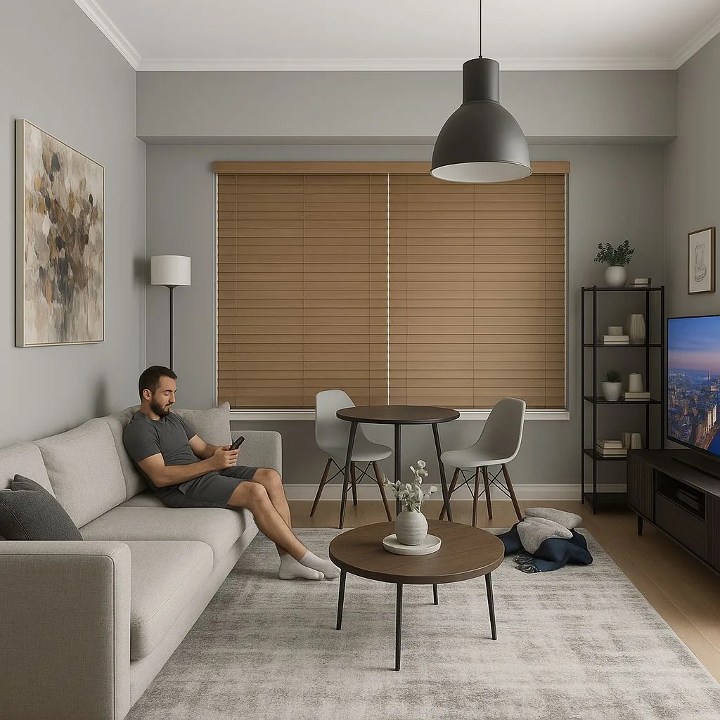 Modern neutral living room with light grey walls, wood blinds, light grey sofa, round wood coffee table, patterned rug, black pendant, photorealistic interior design photography, 8k