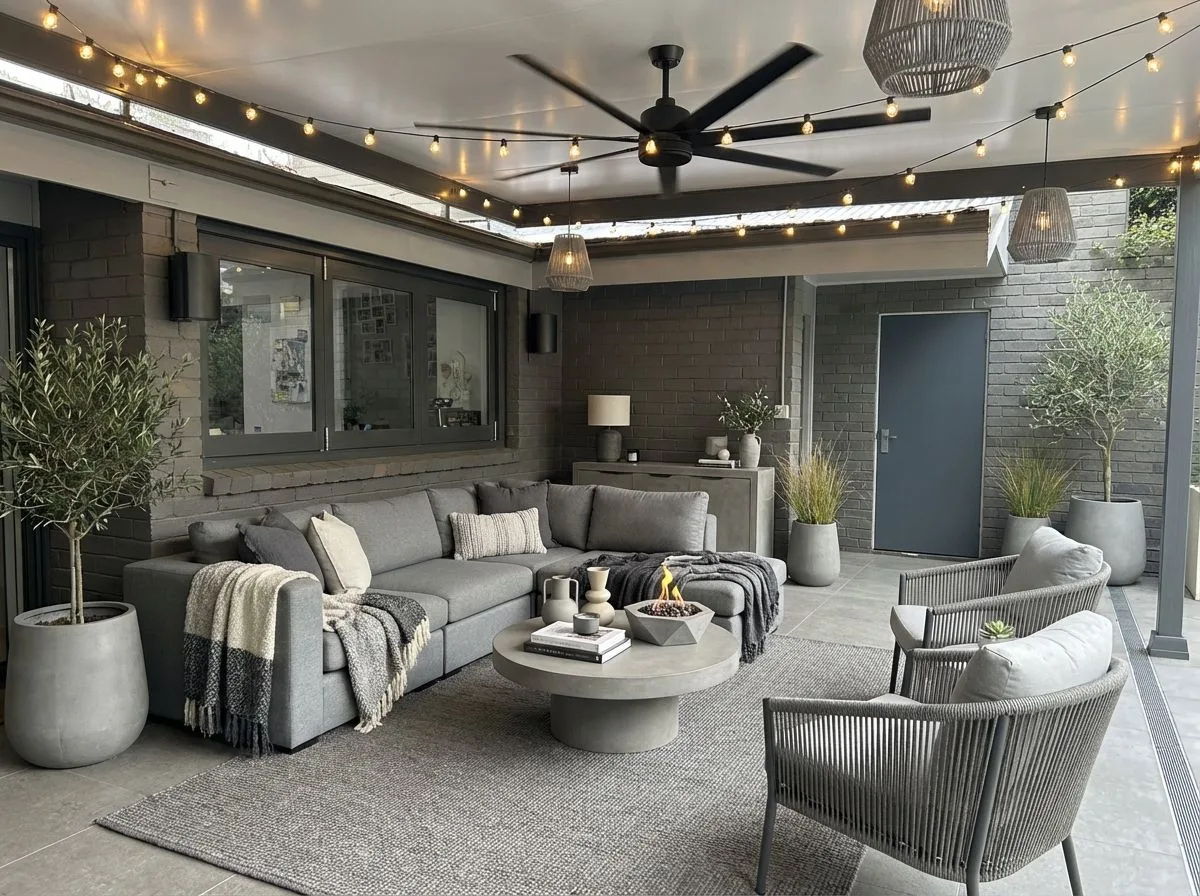 Contemporary outdoor living room with grey brick walls, concrete floors, large grey sectional sofa, woven chairs, round concrete coffee table, string lights, photorealistic interior design photography, 8k