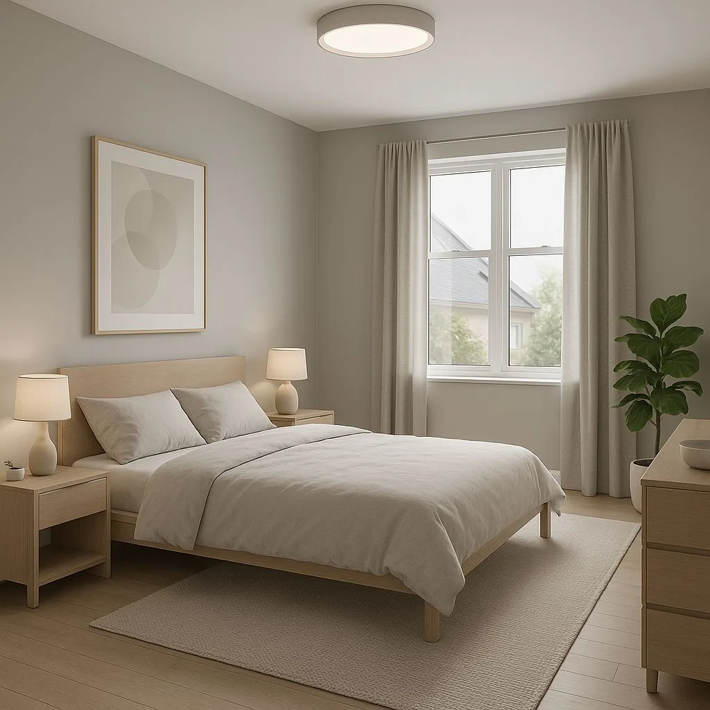 Neutral Scandinavian bedroom with light oak bed frame, beige linen bedding, beige rug, ceramic lamps, recessed lighting, photorealistic interior design photography, 8k