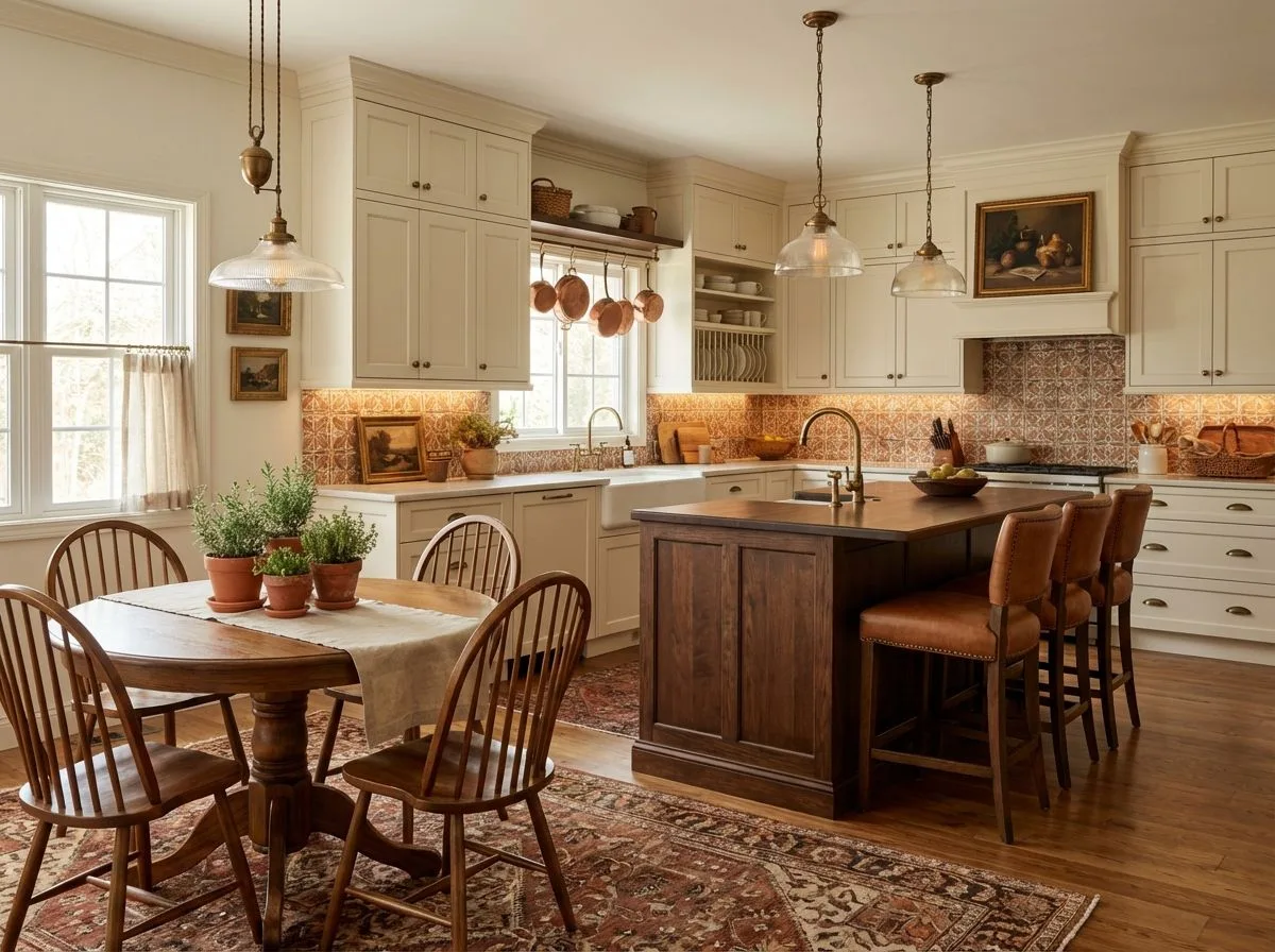Farmhouse kitchen with cream cabinets, dark wood island, patterned terracotta backsplash, brass pendant lights, vintage persian rug, photorealistic interior design photography, 8k