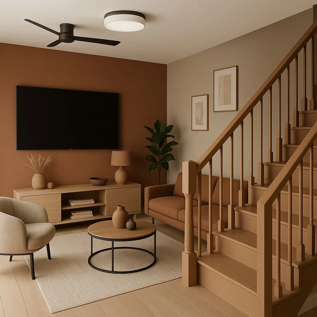 Transitional living room with terracotta wall, light wood floors, tan linen sofa, round wood coffee table, black ceiling fan, photorealistic interior design photography, 8k