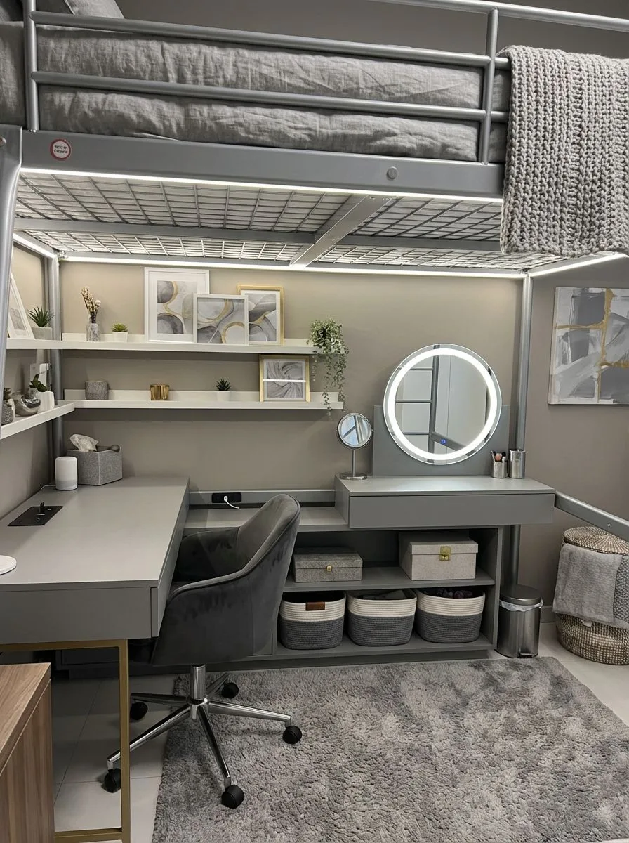 Modern grey bedroom with loft bed, built-in desk, round LED mirror, white shelves, soft grey carpet, photorealistic interior design photography, 8k