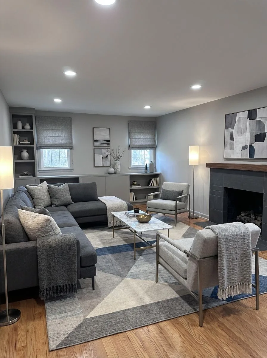 Contemporary gray living room with dark gray sectional sofa, marble coffee table, light gray armchairs, geometric rug, black tiled fireplace, photorealistic interior design photography, 8k