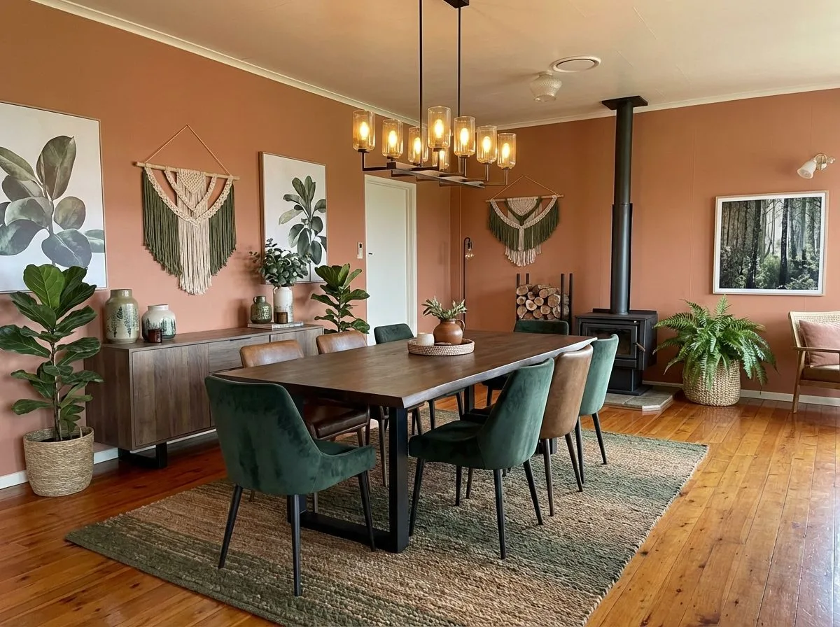 Bohemian dining room with terracotta walls, dark wood table, green velvet chairs, jute rug, linear glass pendant, photorealistic interior design photography, 8k