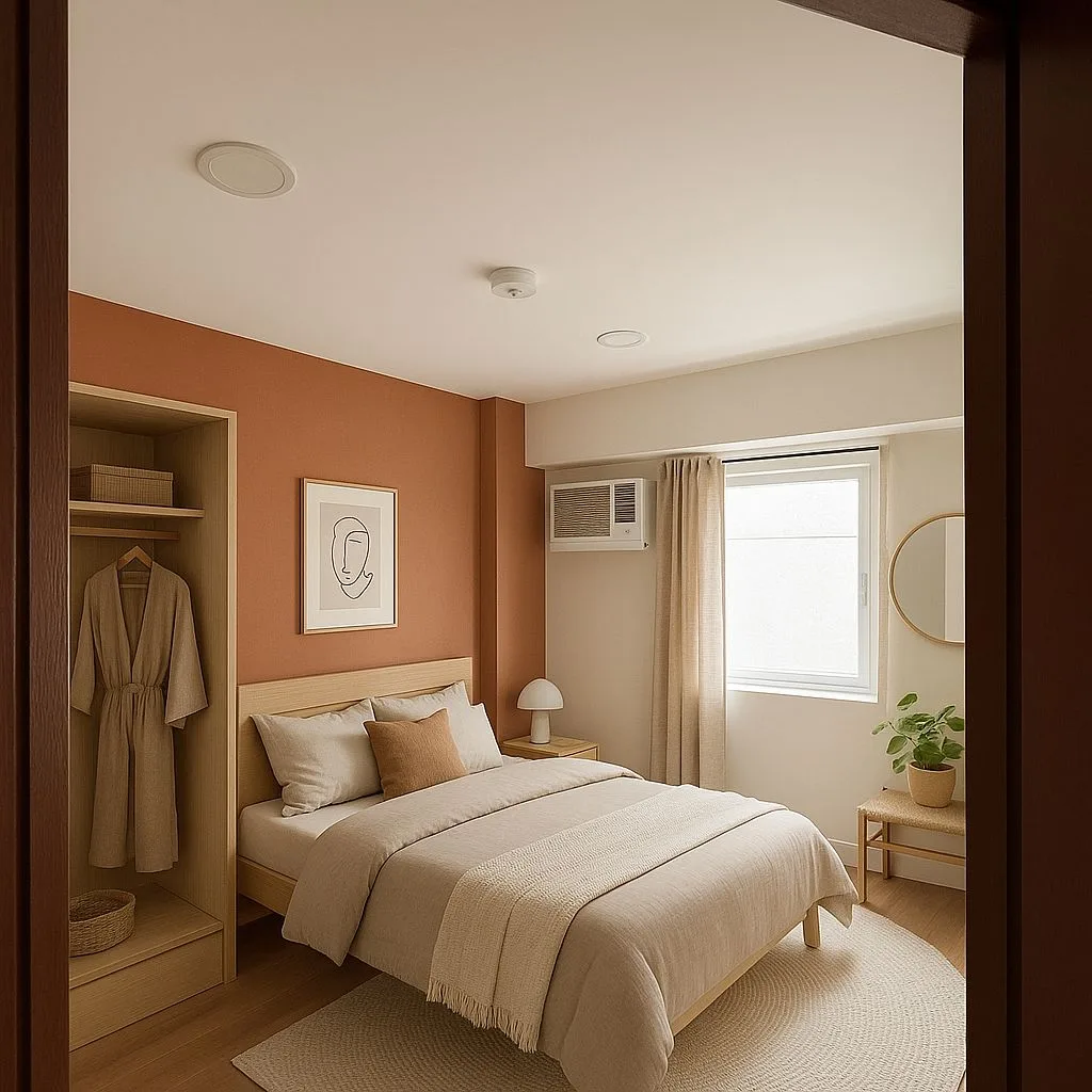 Warm minimalist bedroom with terracotta wall, light wood bed, linen bedding, round jute rug, recessed lighting, photorealistic interior design photography, 8k