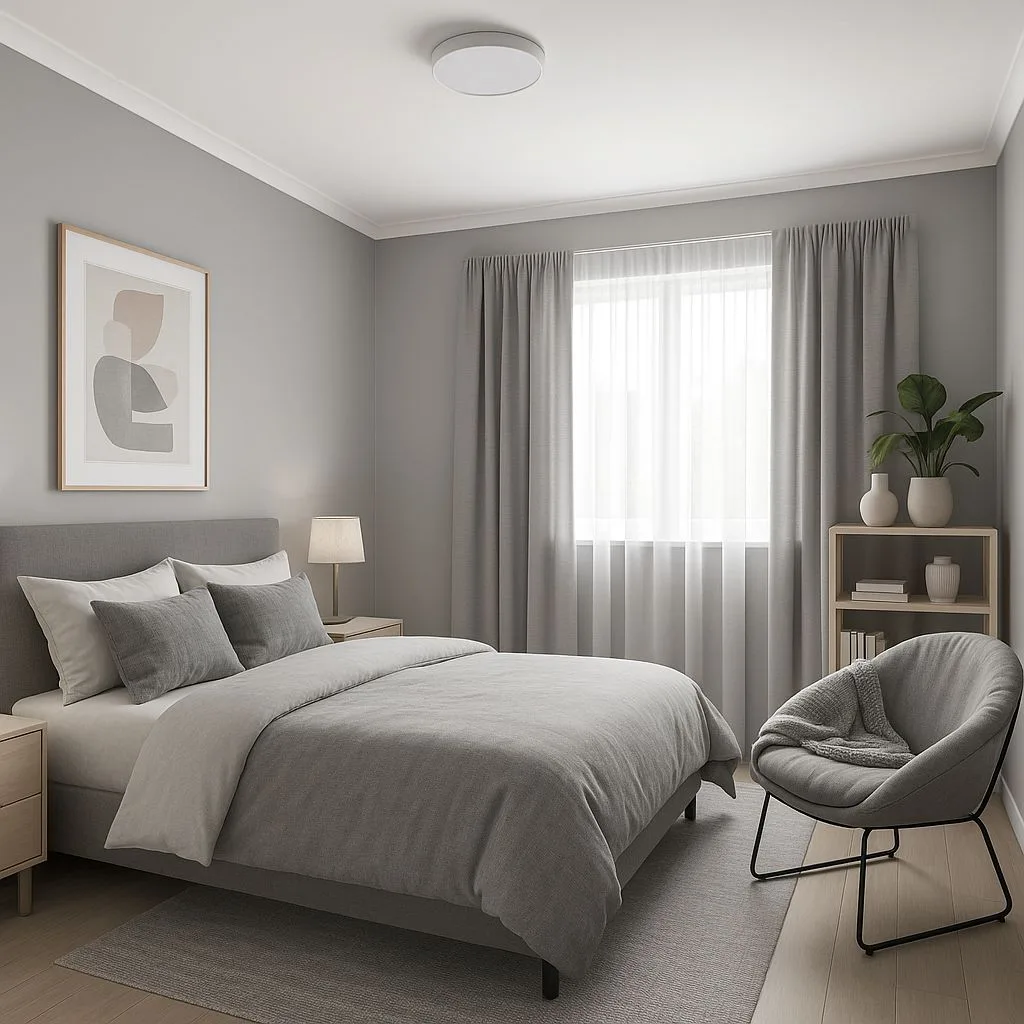 Scandinavian bedroom with grey upholstered bed, linen bedding, sheer curtains, light wood floors, black accent chair, photorealistic interior design photography, 8k
