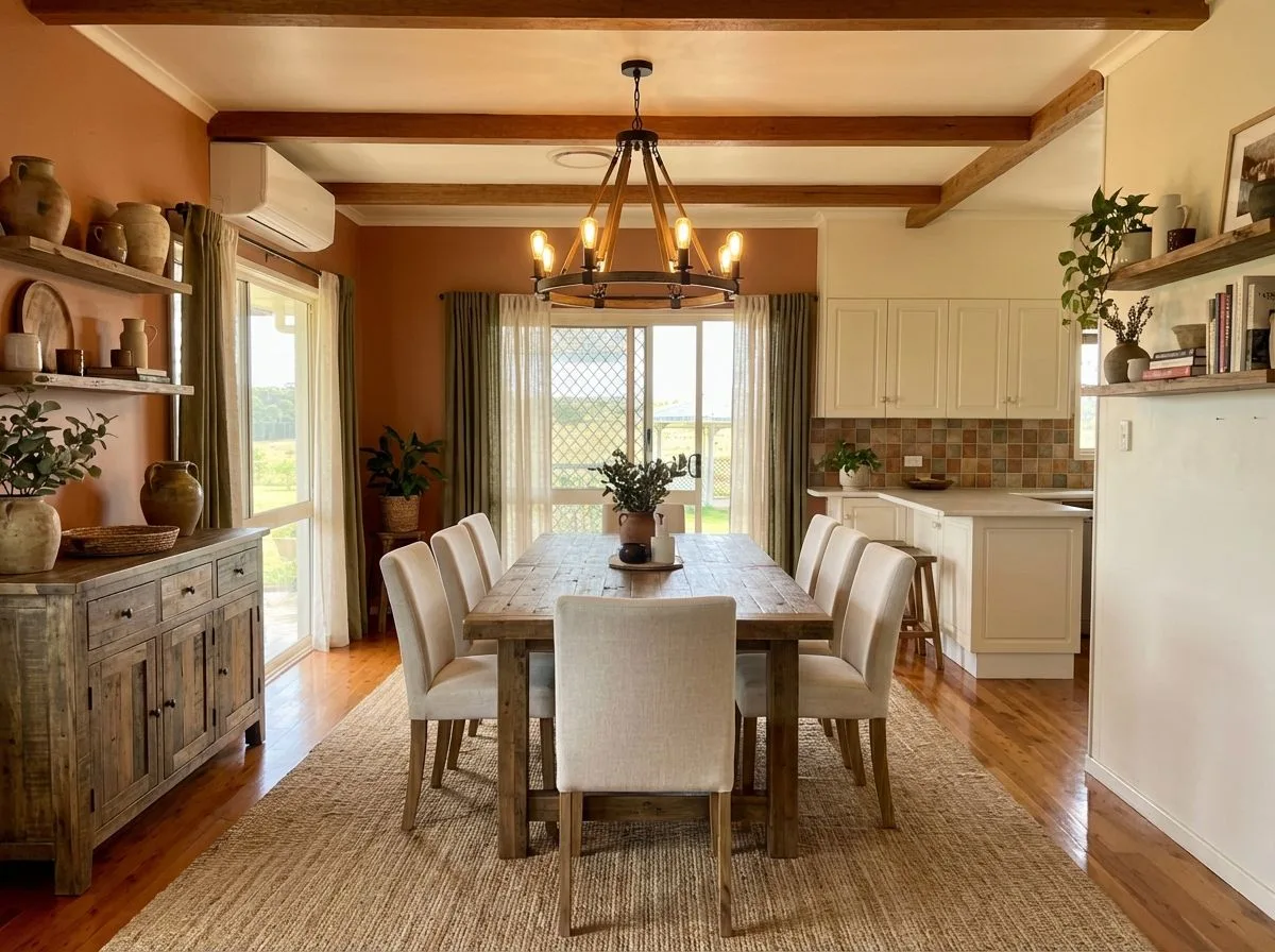 Rustic farmhouse dining room with terracotta walls, reclaimed wood table, linen chairs, jute rug, wood beam ceiling, photorealistic interior design photography, 8k
