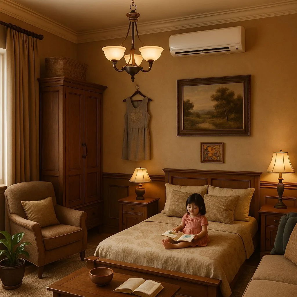 Traditional bedroom with dark wood bed, beige floral bedding, bronze chandelier, landscape painting, wood wardrobe, photorealistic interior design photography, 8k