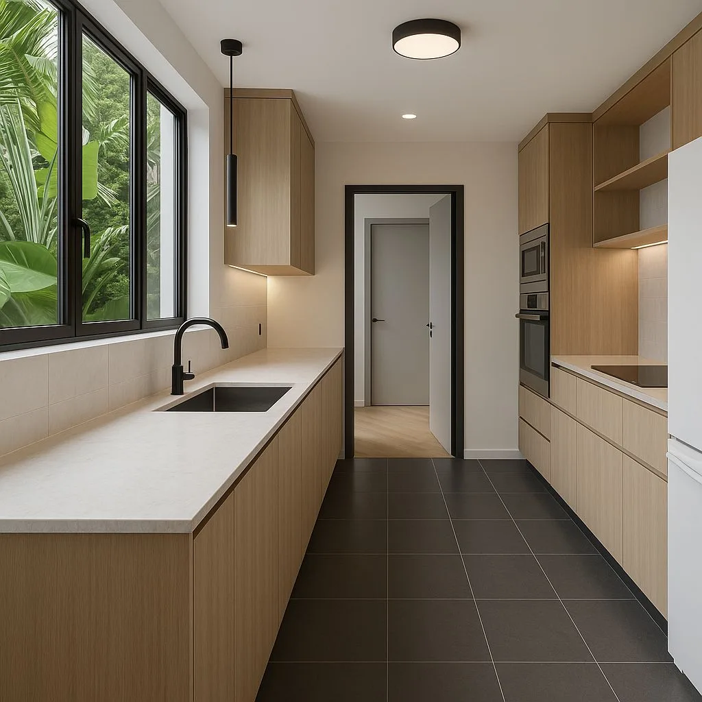 Modern minimalist kitchen with light wood cabinets, white countertops, black tile floors, black hardware, recessed lighting, photorealistic interior design photography, 8k