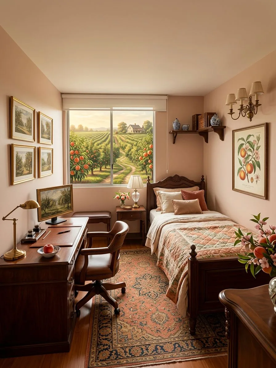 Traditional peach bedroom with single dark wood bed, leather desk chair, Persian rug, landscape painting, brass sconces, photorealistic interior design photography, 8k