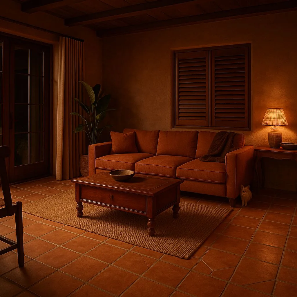 Mediterranean living room with terracotta tile, textured clay walls, rust sofa, dark wood shutters, woven lamp, photorealistic interior design photography, 8k