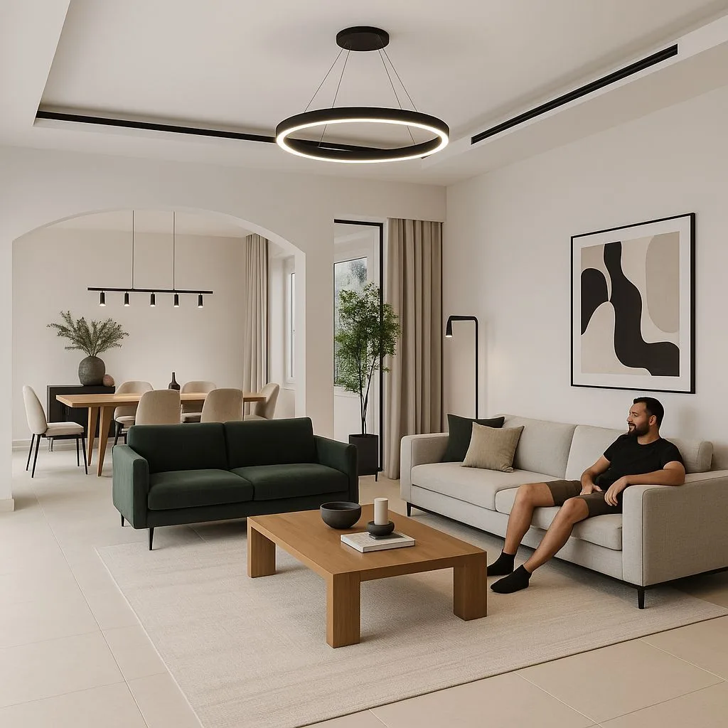 Minimalist living room with white walls, green sofa, light wood coffee table, black ring pendant, beige rug, photorealistic interior design photography, 8k