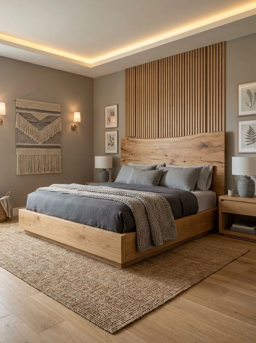 Modern minimalist bedroom with light oak bedframe, wood slat headboard, gray linen bedding, jute rug, brass sconces, photorealistic interior design photography, 8k